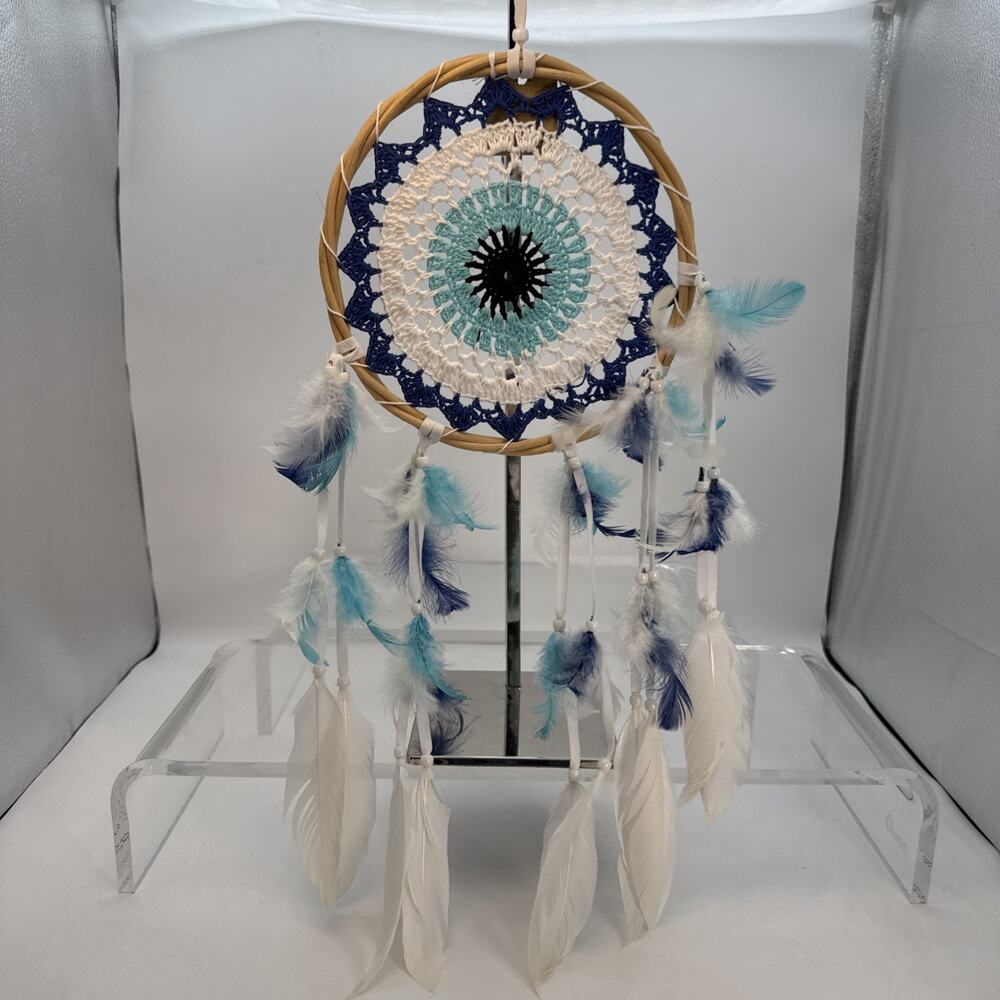 Crocheted Dream Catcher Royal Blue, White & Teal Matching Feathers